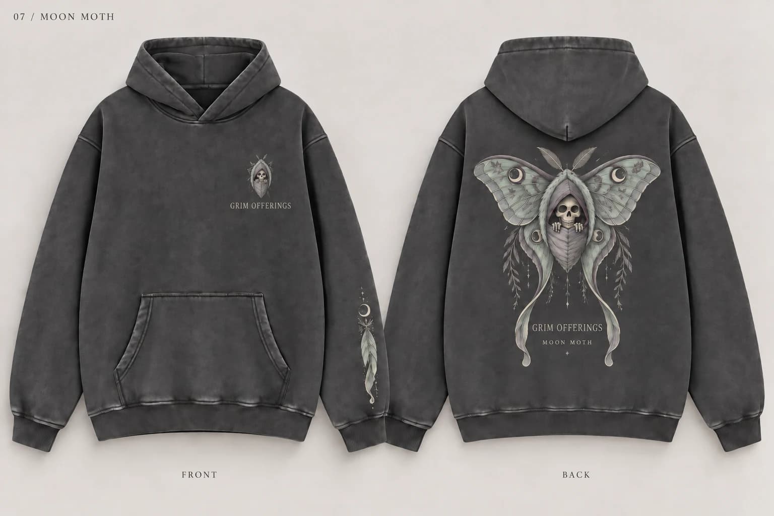 Moon Moth charcoal snow-wash hoodie, back design
