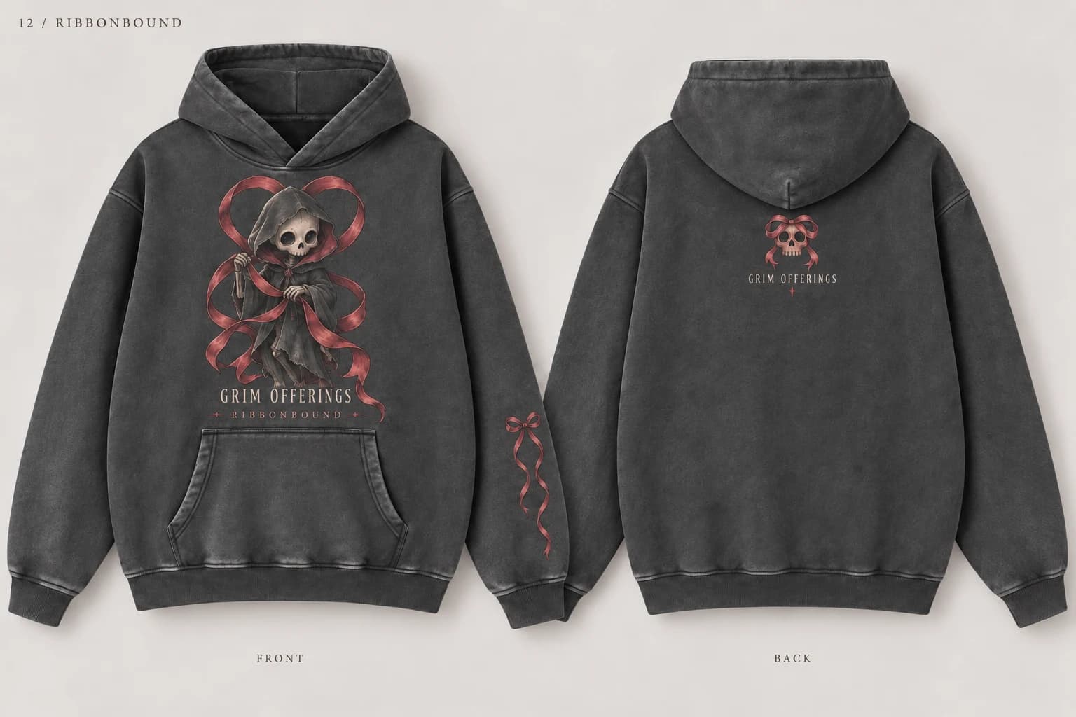 Ribbonbound charcoal snow-wash hoodie, front design