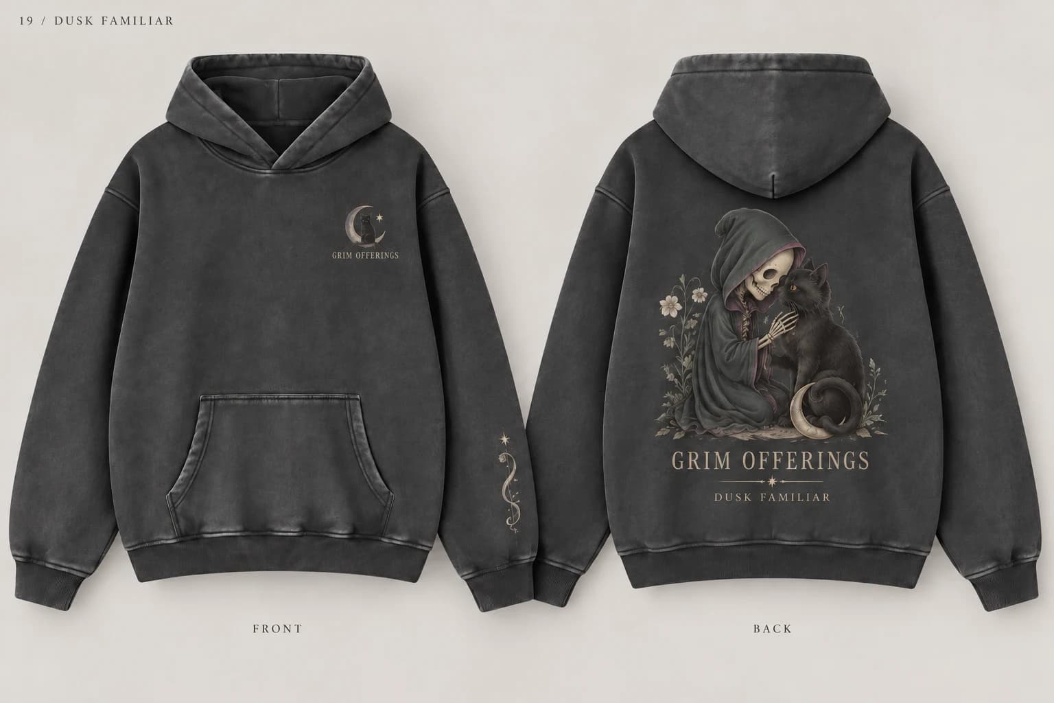 Dusk Familiar charcoal snow-wash hoodie, back design