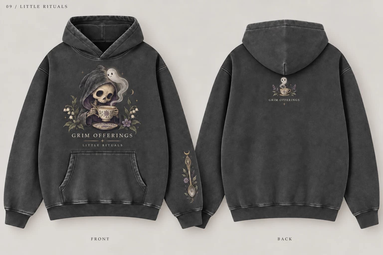 Little Rituals charcoal snow-wash hoodie, front design