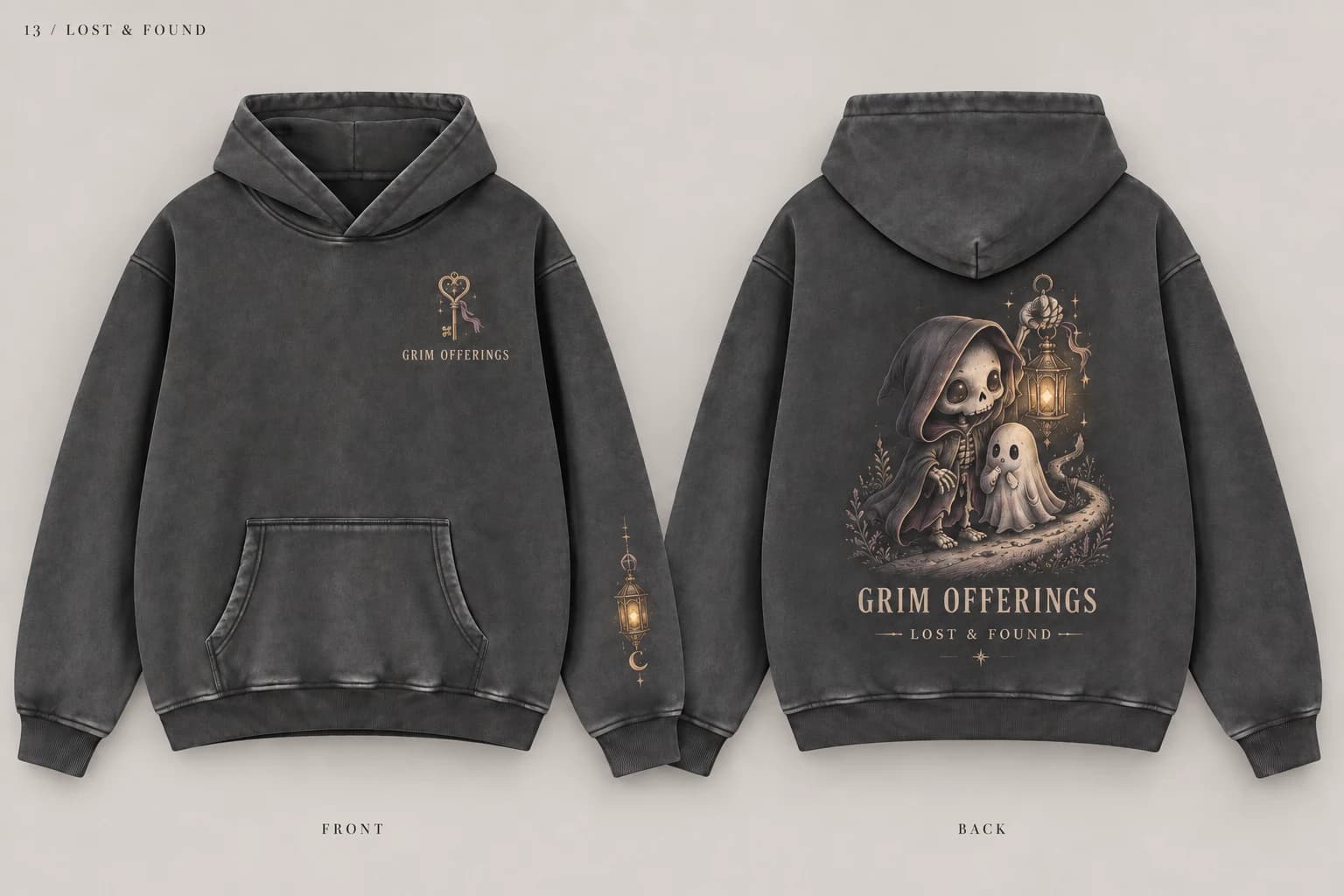 Lost & Found charcoal snow-wash hoodie, back design