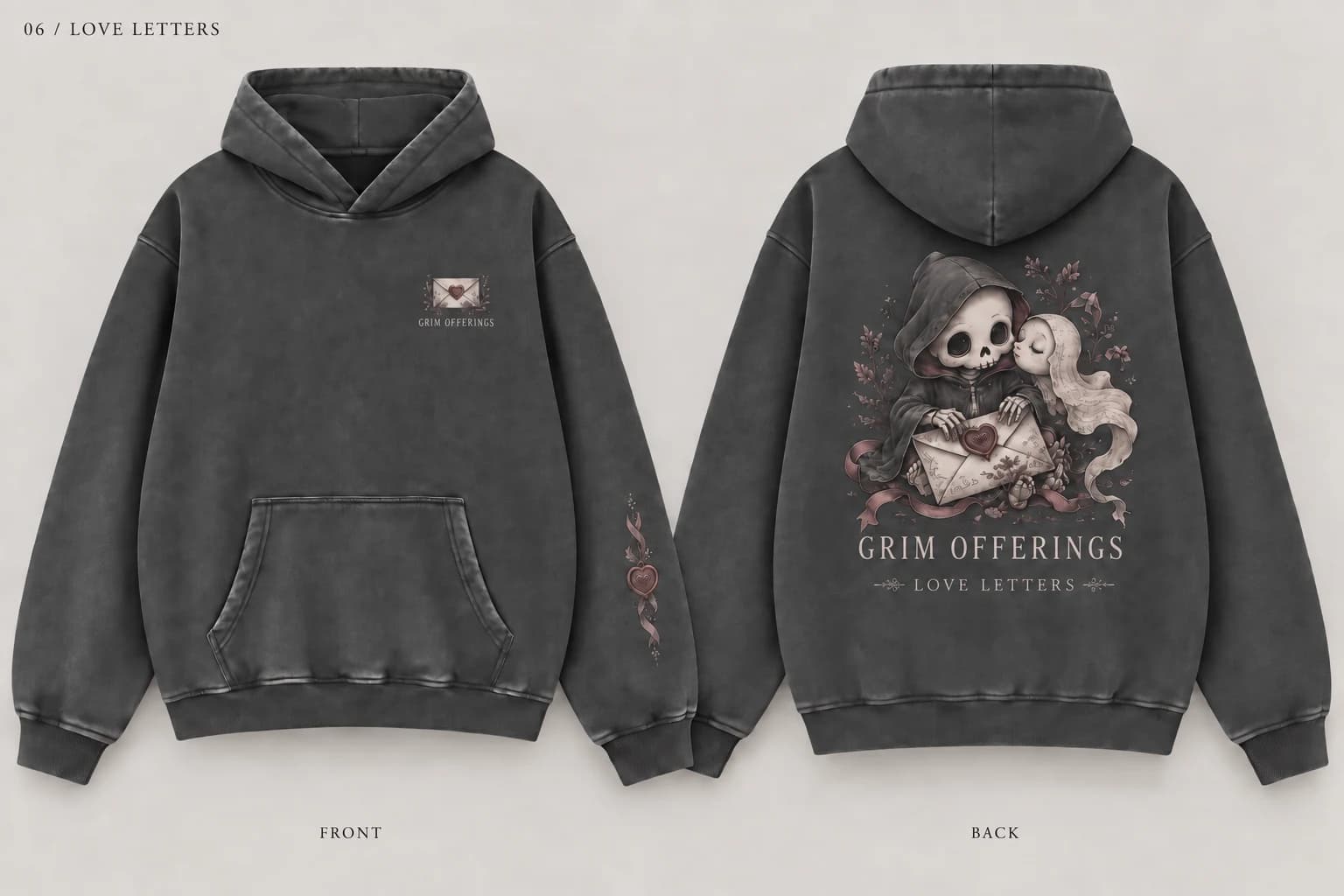 Love Letters charcoal snow-wash hoodie, back design