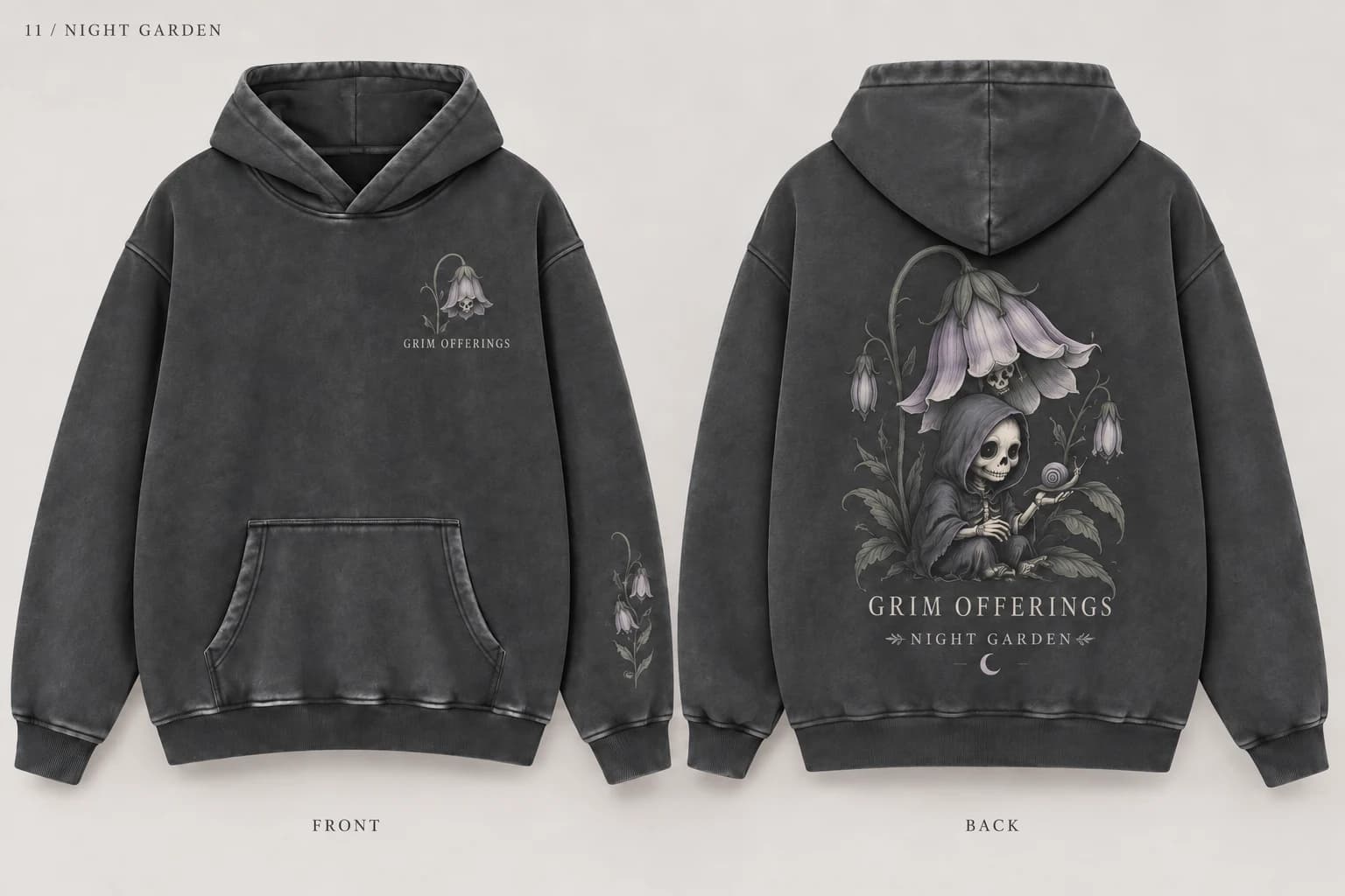 Night Garden charcoal snow-wash hoodie, back design