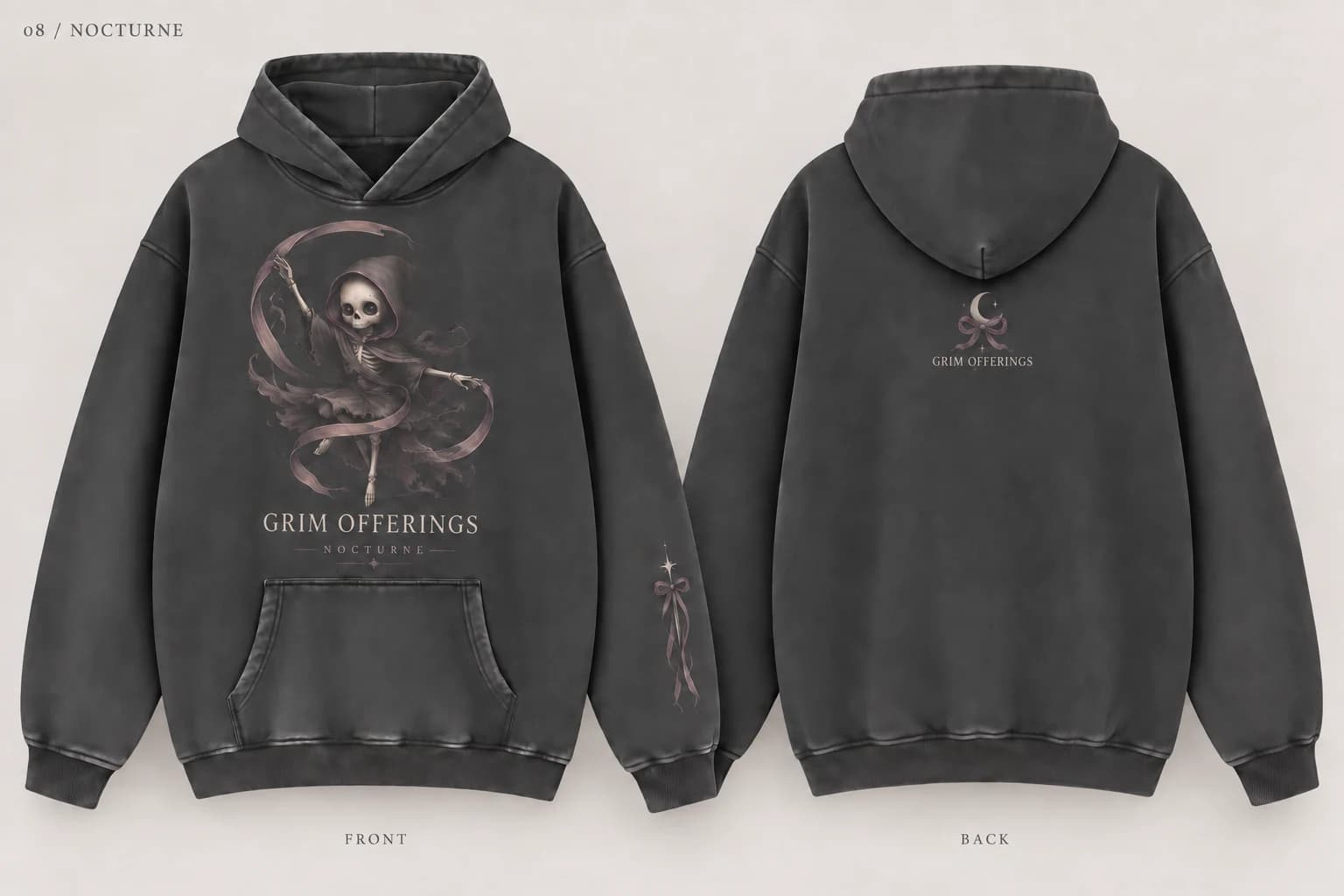 Nocturne charcoal snow-wash hoodie, front design