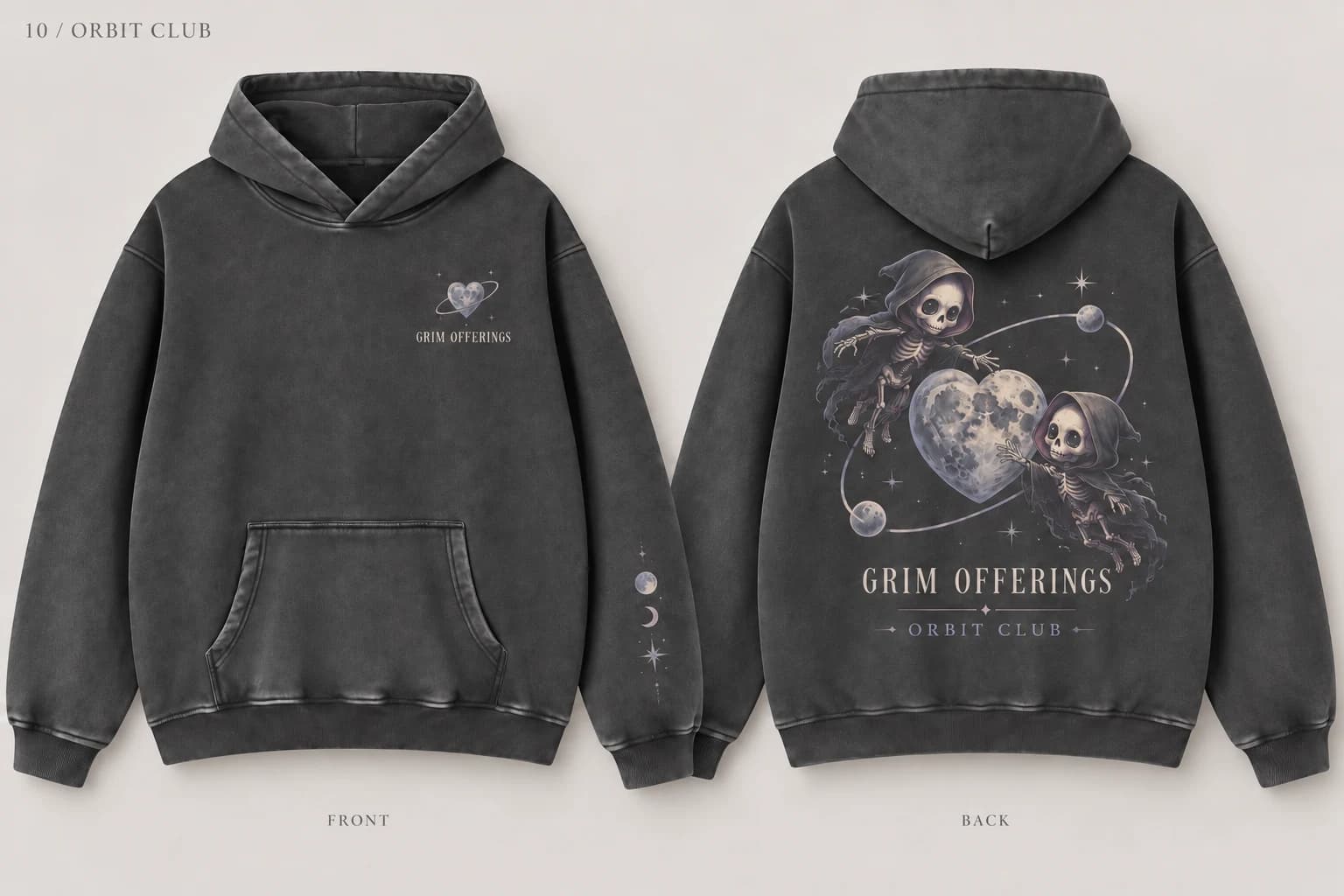 Orbit Club charcoal snow-wash hoodie, back design