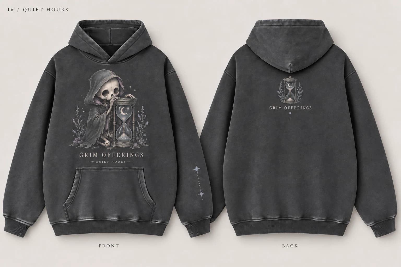 Quiet Hours charcoal snow-wash hoodie, front design