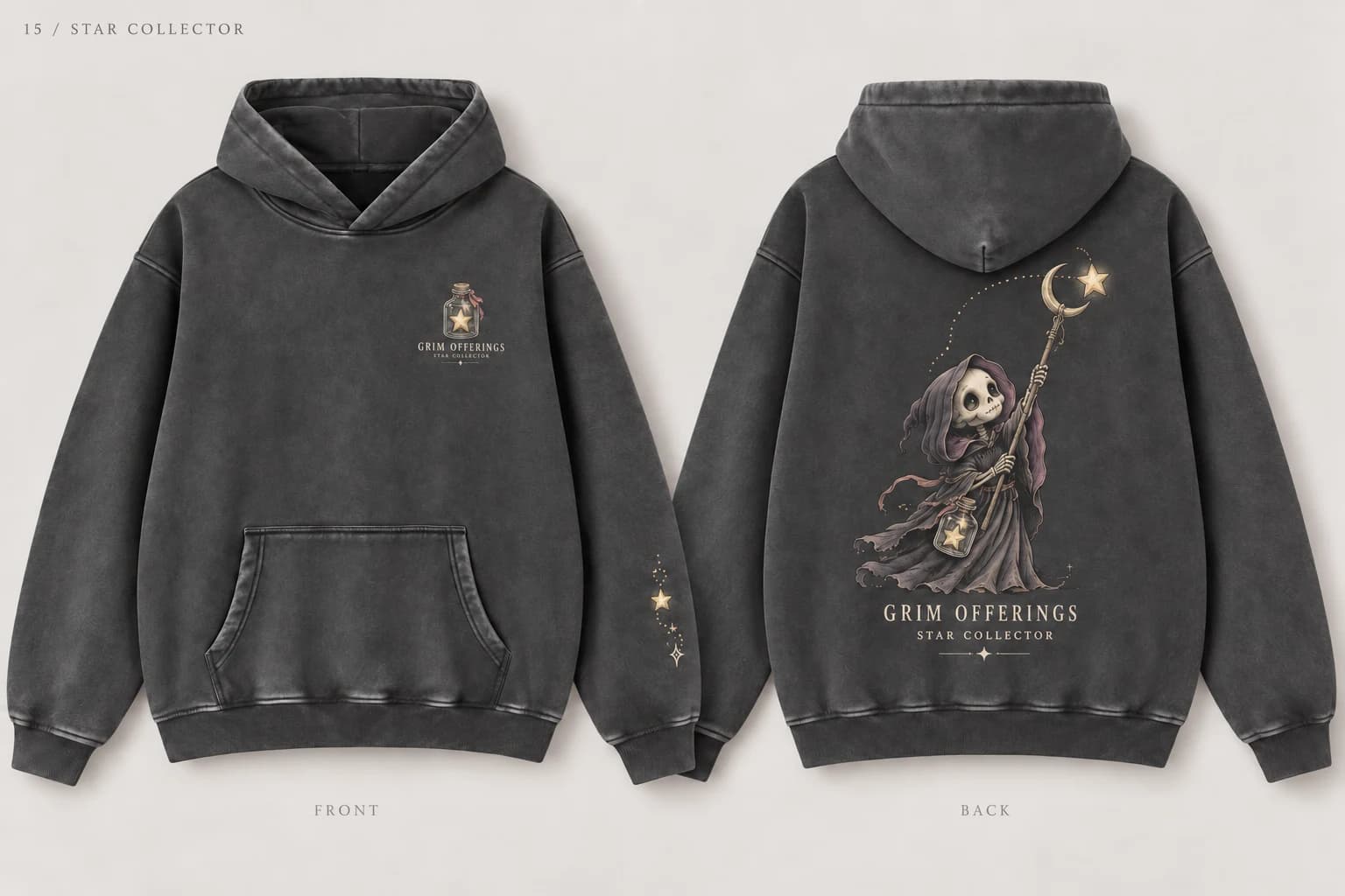 Star Collector charcoal snow-wash hoodie, back design