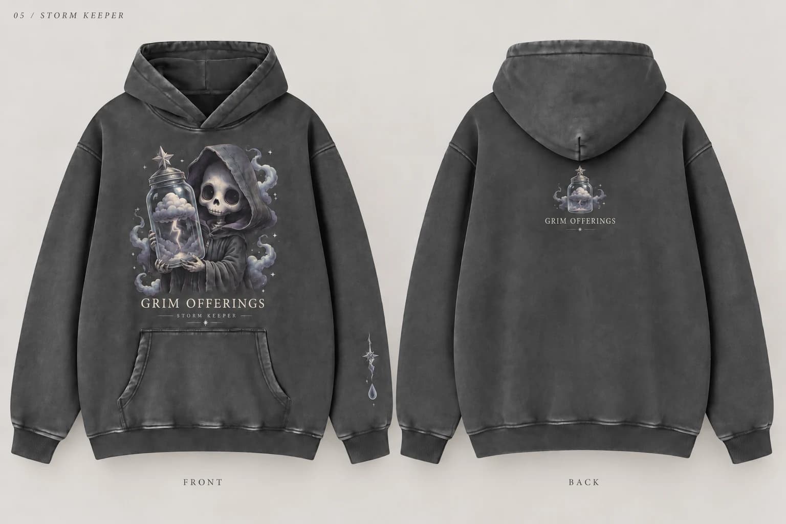 Storm Keeper charcoal snow-wash hoodie, front design