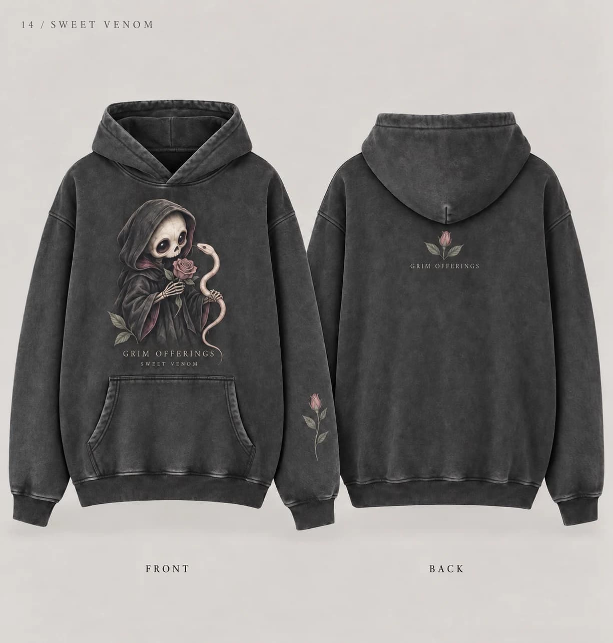 Sweet Venom charcoal snow-wash hoodie, front design