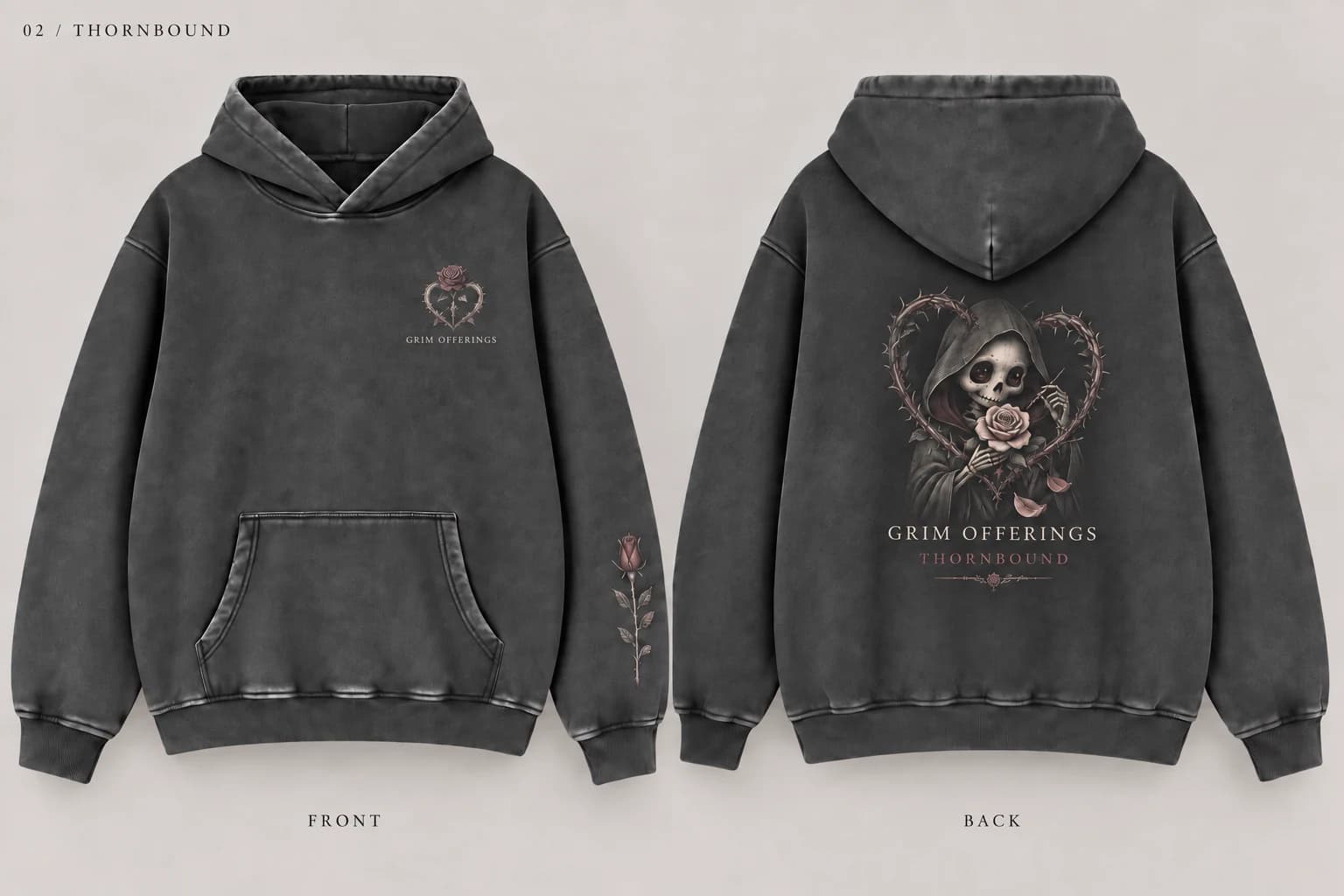 Thornbound charcoal snow-wash hoodie, back design