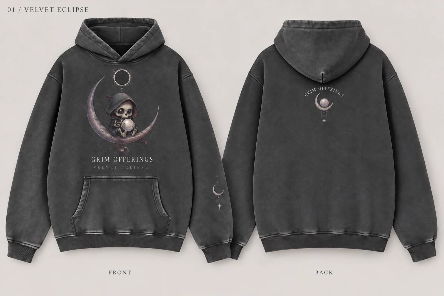 Velvet Eclipse charcoal snow-wash hoodie, front design